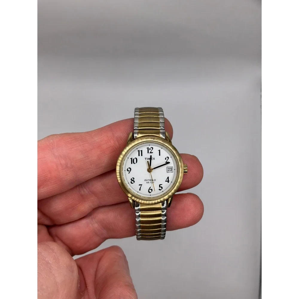 Timex Indiglo WR 30M Two Tone Expansion Band Watch with Date White Dial